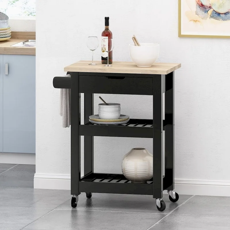 Compact Wooden Kitchen Cart with Wheels Shelves and Drawer by