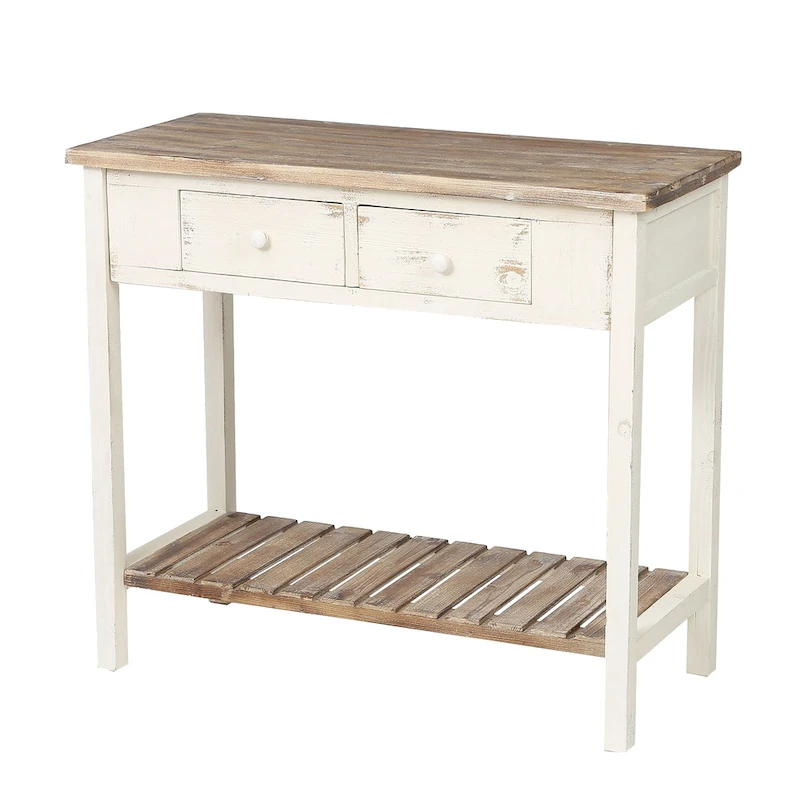 Distressed White and Brown Wood 2-drawer Console Table - 31.5H x 35.4 W x 15.55 D