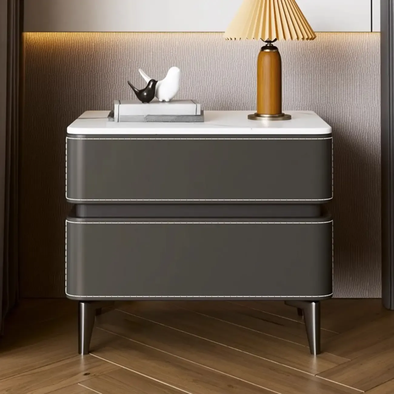 Modern Faux Leather Stone Top 2-Drawer Nightstand
