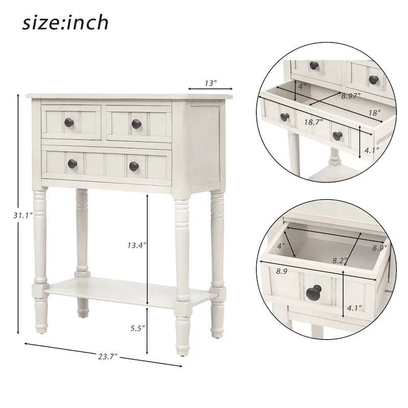 Narrow Console Table with 3 Drawers and Shelf - Distressed Finish