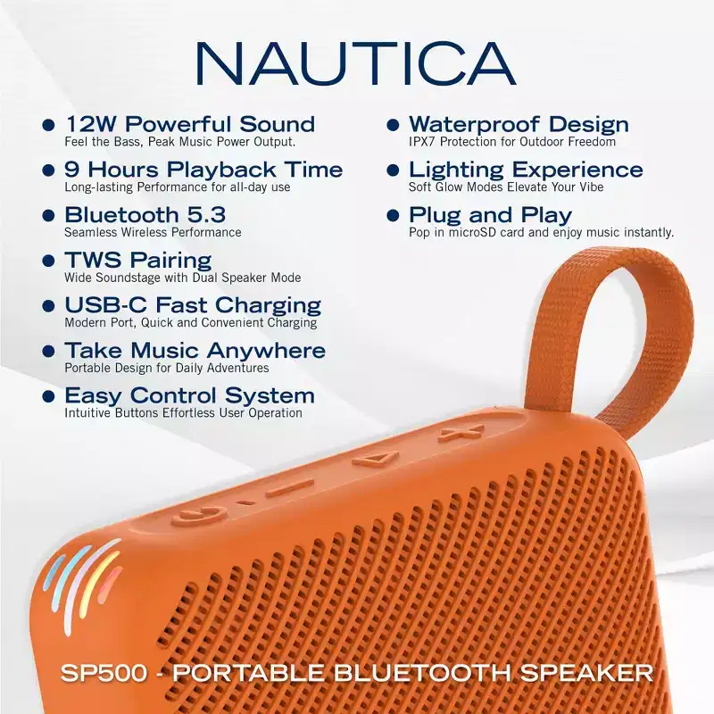 Nautica Nayman SP500 Portable Bluetooth Speaker, 12W Sound, Deep Bass, IPX7 Waterproof, 9H Playtime, TWS Pairing, Shower & Outdoor