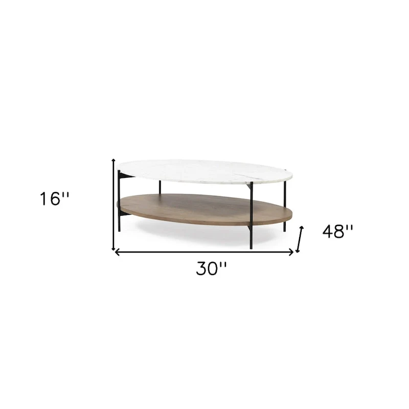 HomeRoots 48 Brown and Black Genuine Marble and Metal Oval Coffee Table With Shelf - 30