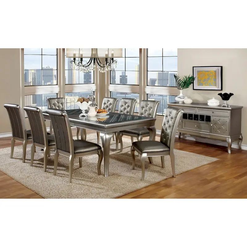 Glam Gold Faux Leather Tufted 9-Piece Dining Table with Leaf