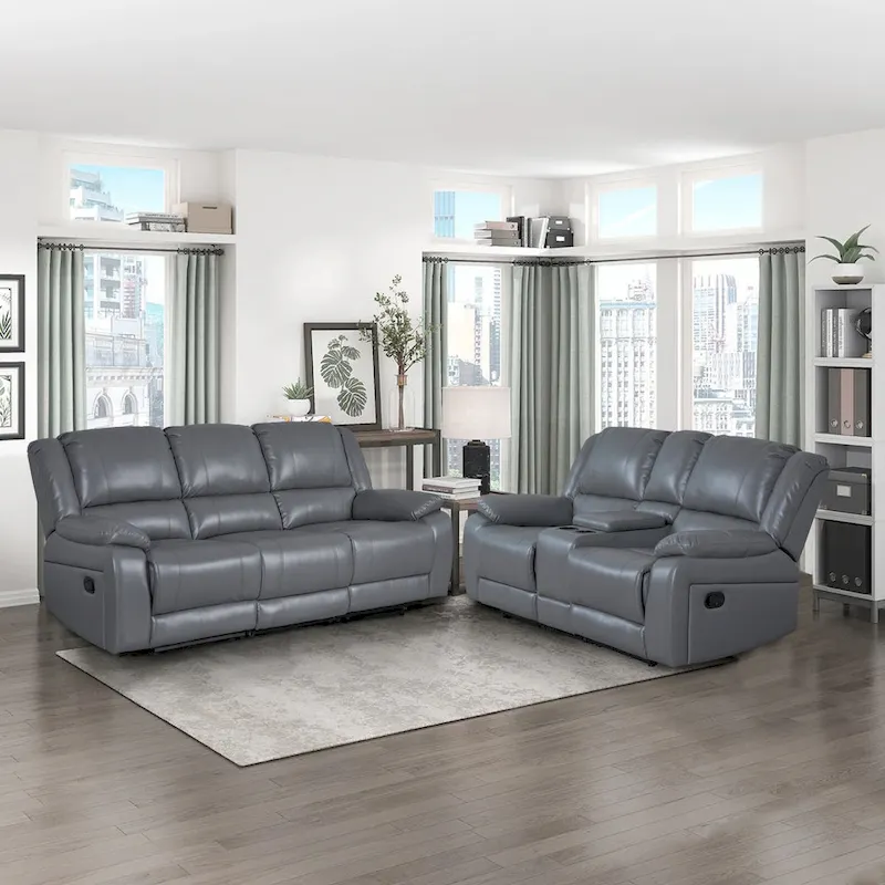 2-Piece Classic Faux Leather Manual Reclining Living Room Sofa Set with Console and Cup Holders
