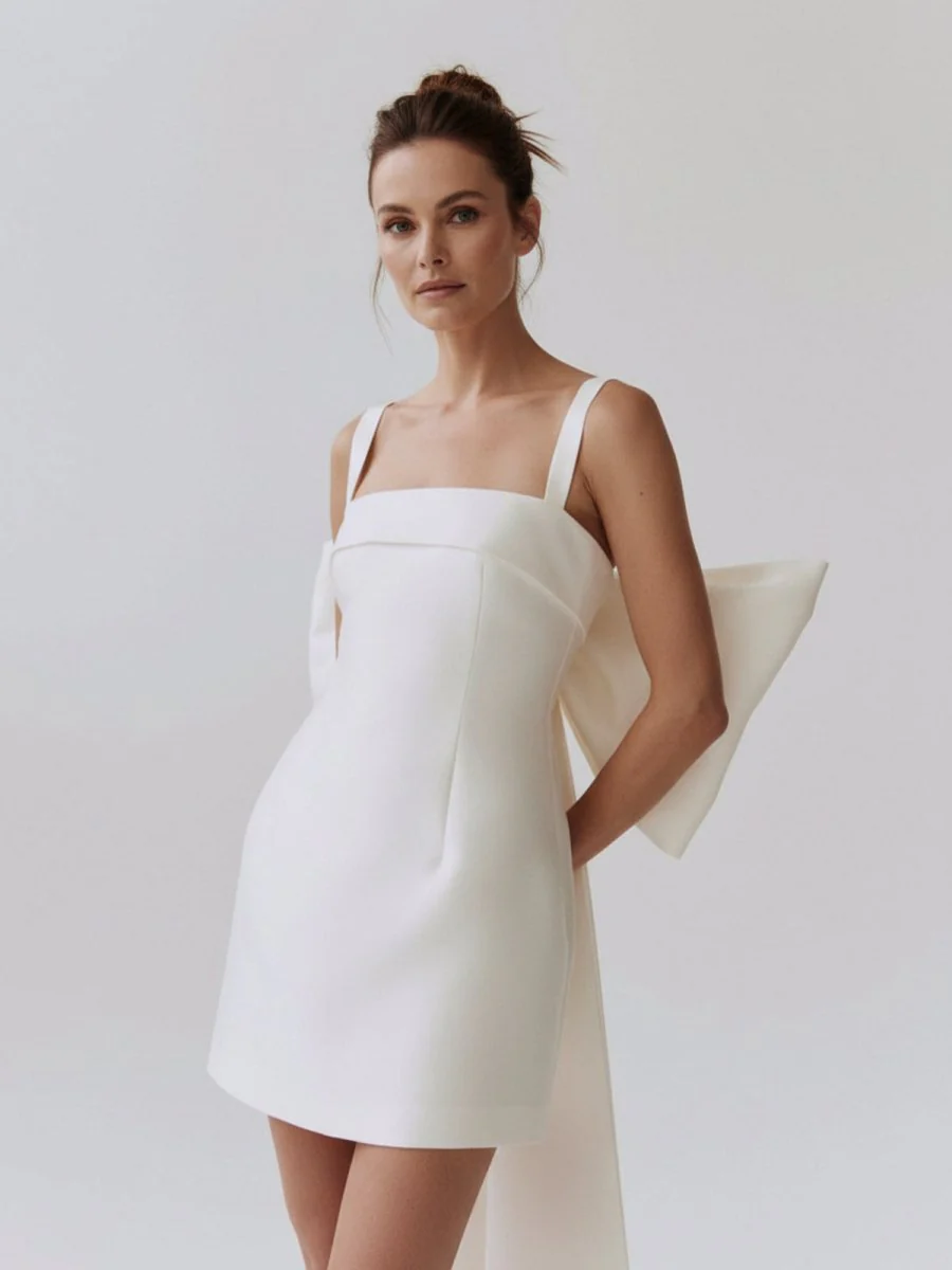 Square Neck White Satin Short Wedding Dress with Bow Back and Veil