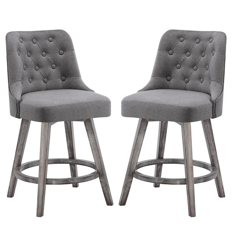 Tufted Swivel Bar Stool with Wood Grain Legs, Dark Grey / Light Grey, Set of 2