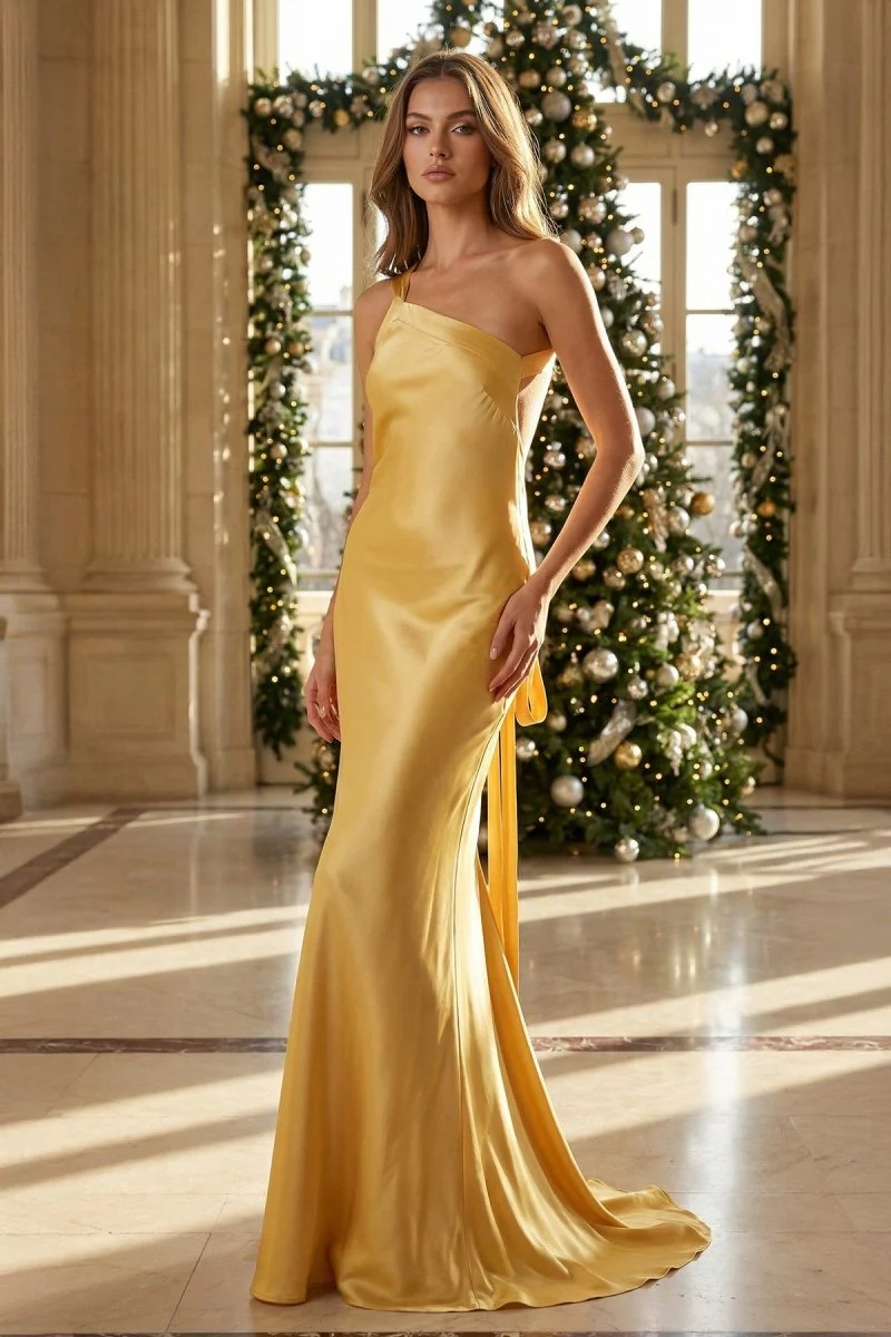 Yellow - One Shoulder Sheath Satin Backless Long Prom Dresses