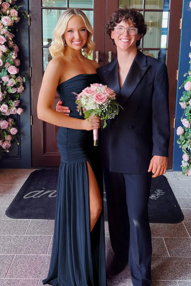 Hot Pink Sheath Strapless Pleated Chiffon Long Prom Dresses