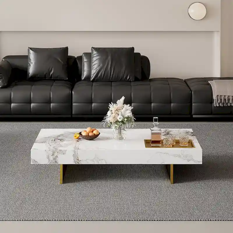 Modern 42 Faux Marble Square Coffee TableGlossy Sintered Stone Tabletop