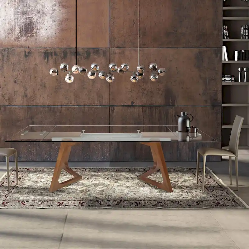 Walnut Extendable Dining Table with Glass Top & Wood Legs – Seats up to 10