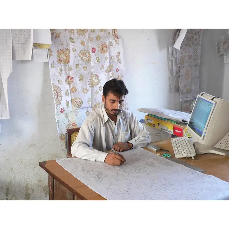 Handmade Printed-Cotton Wood Ottoman Footstool (India) - 16  x 16  x 6