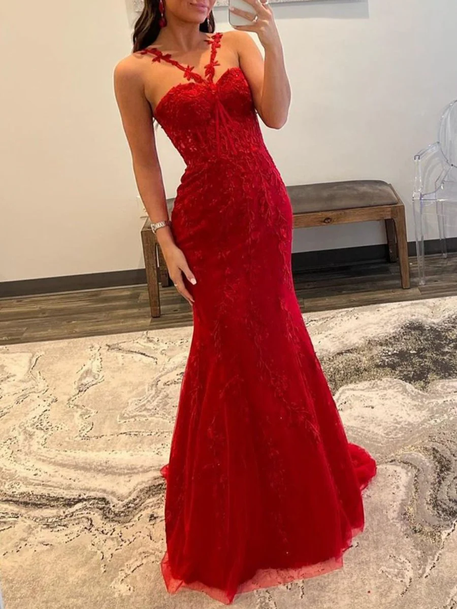 Red Mermaid Halter Lace Mermaid Long Prom Dress