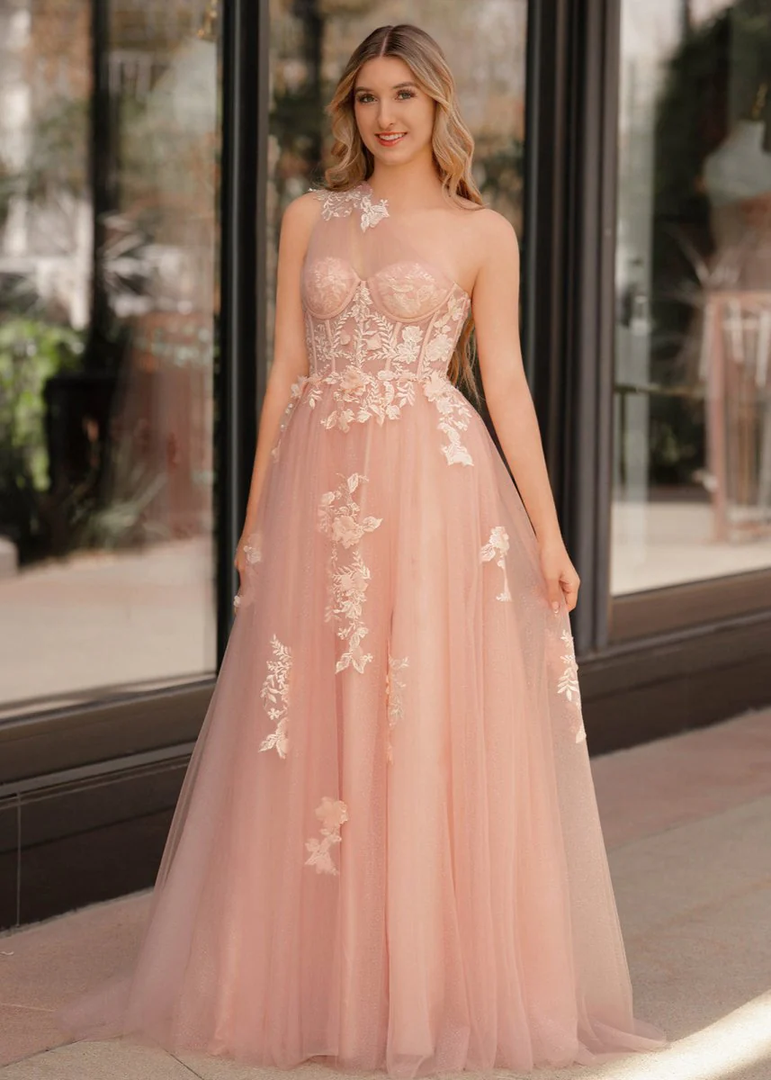 A Line One Shoulder Black Long Prom Dress with Appliques