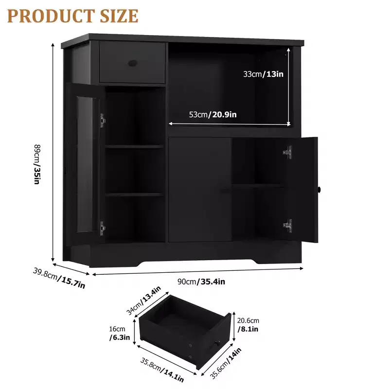 Whizmax Microwave Cabinet, Modern Buffet with Glass Doors & Adjustable Shelf, Wooden Sideboard with Storage Drawers & Wide Top for Dining/Living Room