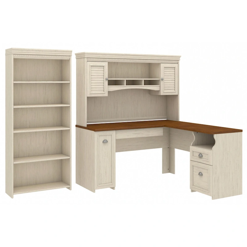 Fairview 60W L Shaped Desk with Hutch and Bookcase by Bush Furniture
