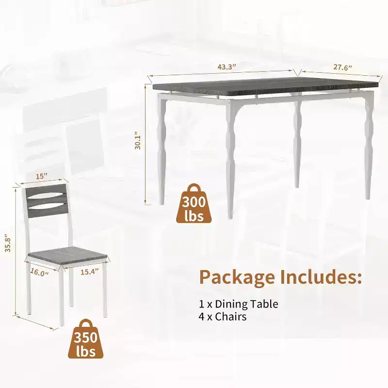 Industrial 5-Piece Dining Table Set for 4 with Cushioned Chairs  Kitchen Table Set with Spiral Leg Design Table & Chairs