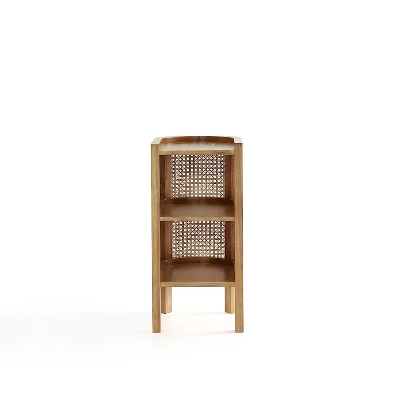 Side Table — Black with Natural Woven Rattan