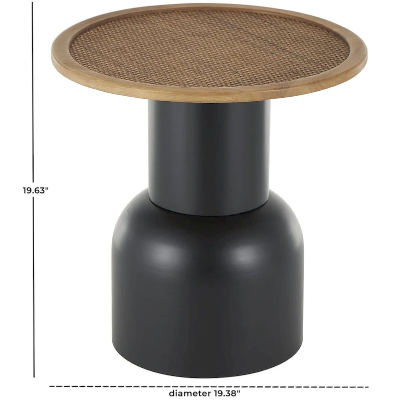 Handmade Round Rattan & Iron Accent Side Table – Black, Boho Style