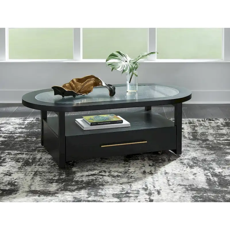 Black Rectangular Coffee Table with Glass Top & Storage, Seats 4 – 52