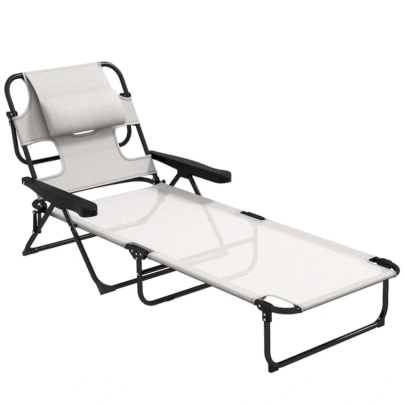 Tanning Chaise Lounge Chair, 4-Position Beach Chair With Face & Arm Holes, Pillow Headrest