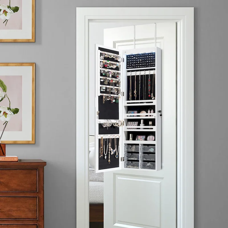 White / Brown Wall & Door Mounted LED Mirror Jewelry Cabinet — 1-Person