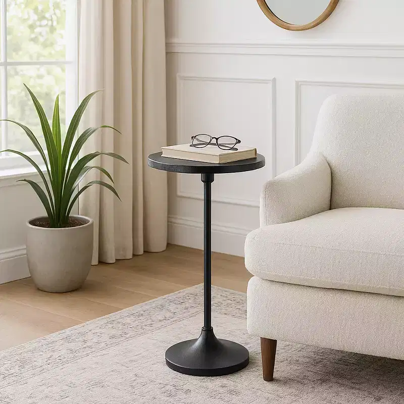 Elegant End Table, Side Table, or Small Night Stand for Room Decor - Slim Metal Drink Table with Marble Top and Trumpet Base