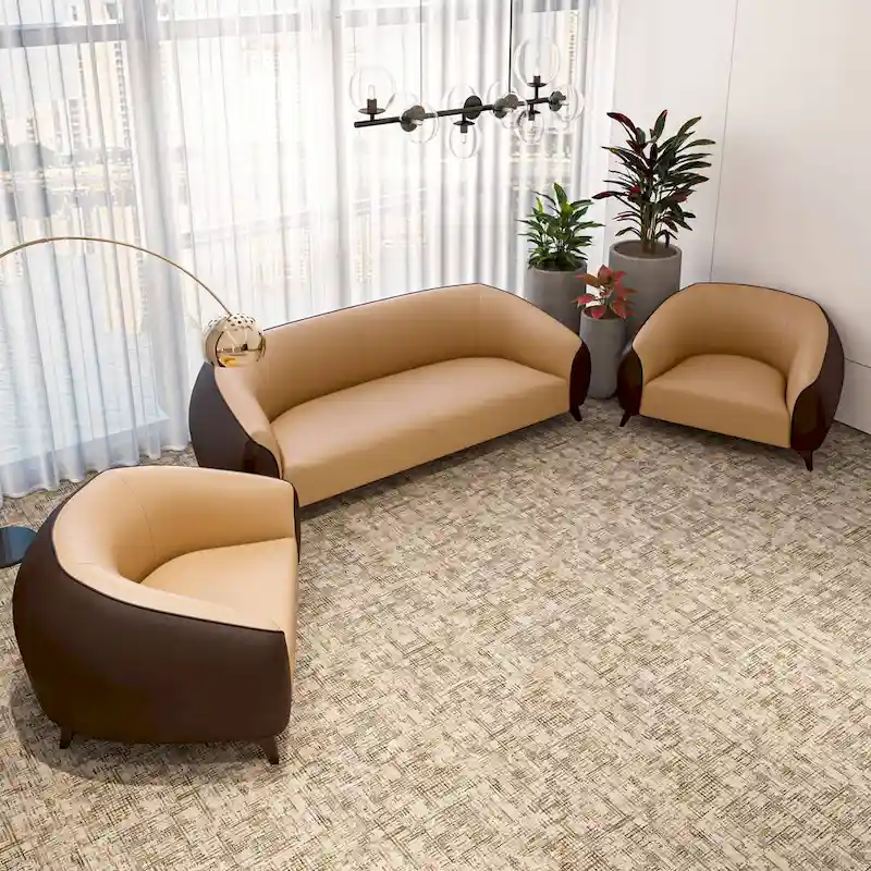 3-Piece Modern Sofa Set with Vegan Leather, Solid Wood Frame, Steel Legs, Foam Cushions for Living Room