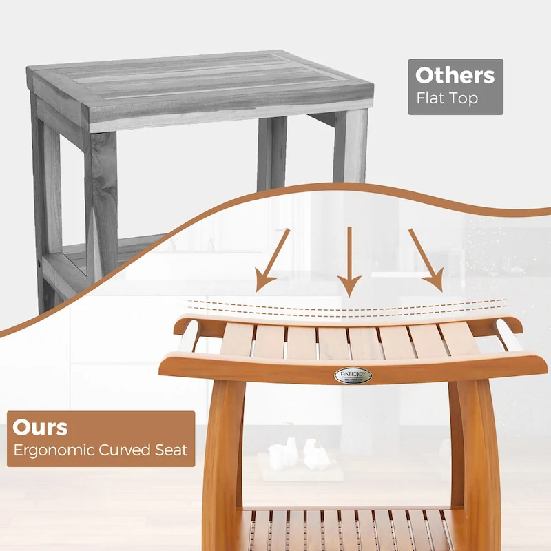 Gymax Teak Wood Shower Bench 2-Tier Wooden Shower Stool w/ Curved Seat