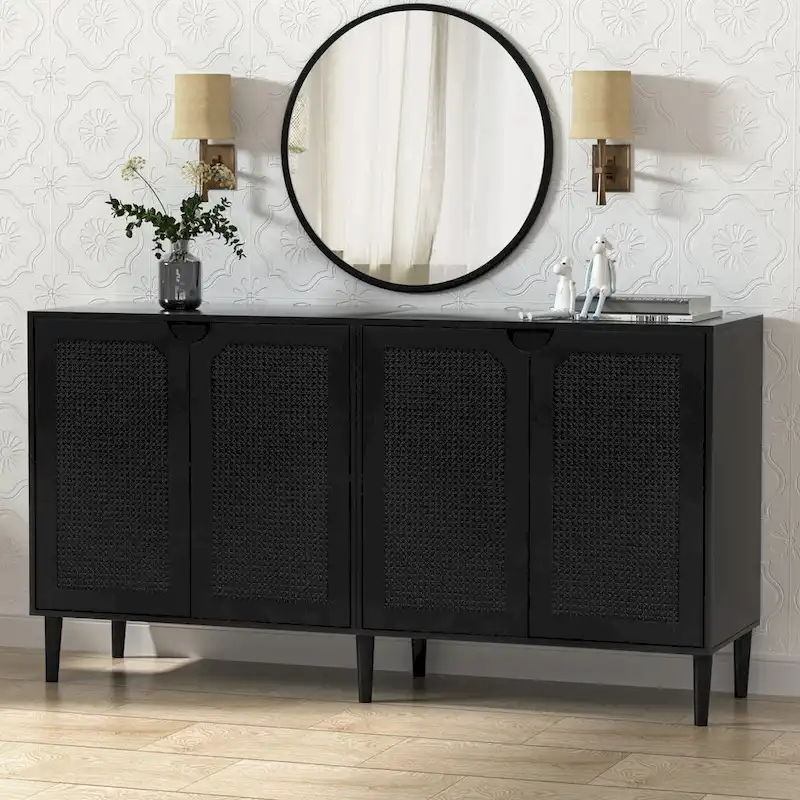Black Rattan 4-Door Sideboard, Mid-Century Modern Style, 1-Person Assembly