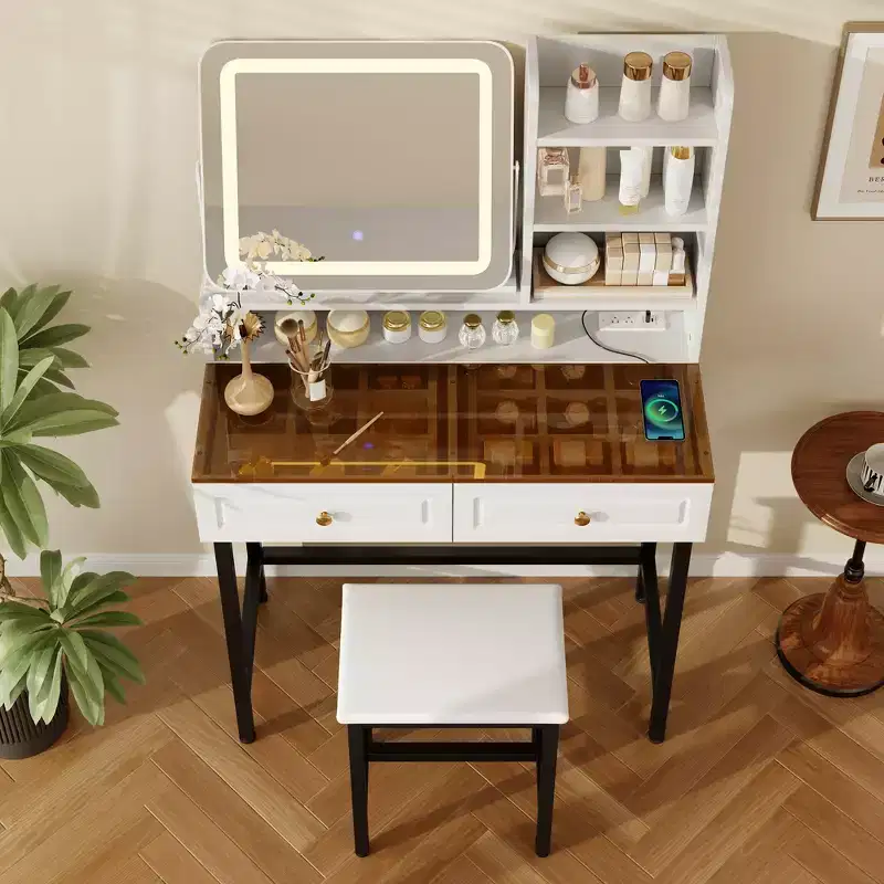 Whisen Makeup Vanity Desk, Modern Dressing Table Vanity with Mirror, 2 Drawers & Sturdy Metal Leg and Stool - White