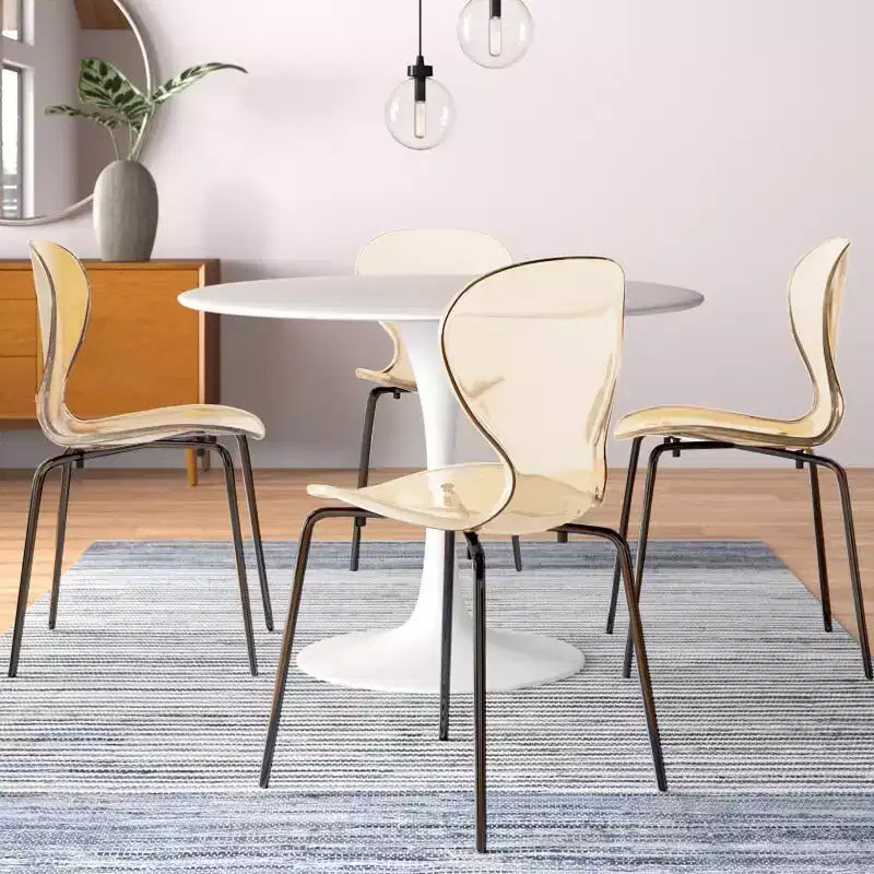LeisureMod Oyster Transparent Dining Chairs Set of 2  Stackable Curved Back Design with Black Stainless Steel Legs for Kitchen or Dining Room