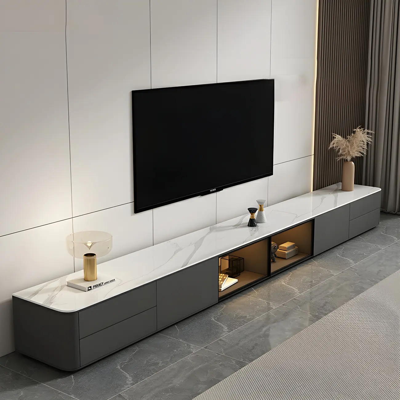 Living Room Grey Stone Long TV Stand with Drawers & Cabinet