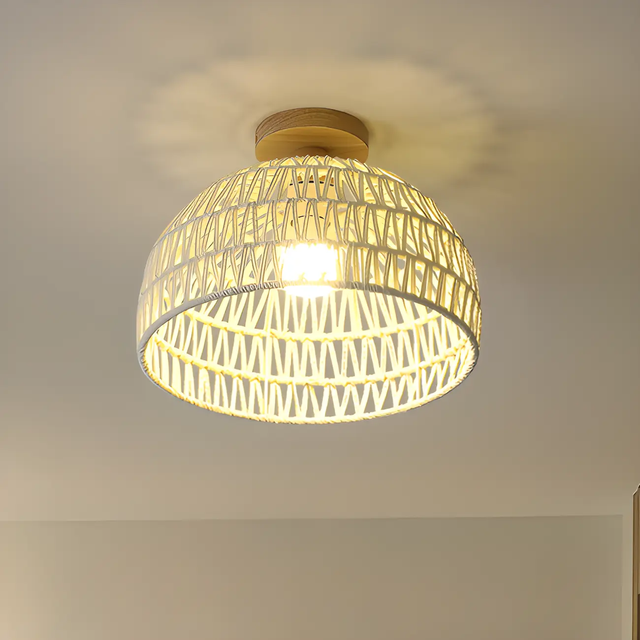 Natural Finish Semi Flush Ceiling Light with Rope Dome Shade