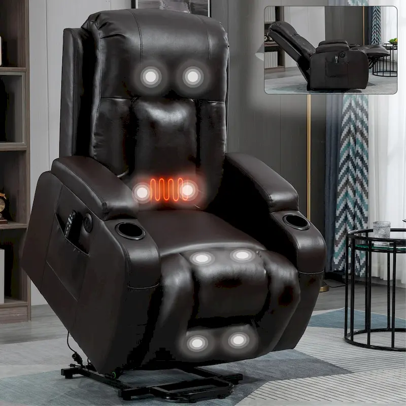 Power Lift Recliner with Massage, Heat and Cup Holders – Black / Brown, Single
