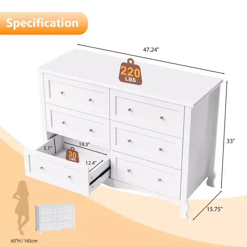 Karl Home White P2 Density Board Painted 47.2in 6 Drawer French Curved Legs