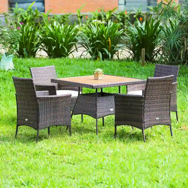 Costway 5PCS Patio Rattan Dining Furniture Set Arm Chair Wooden Table - See details