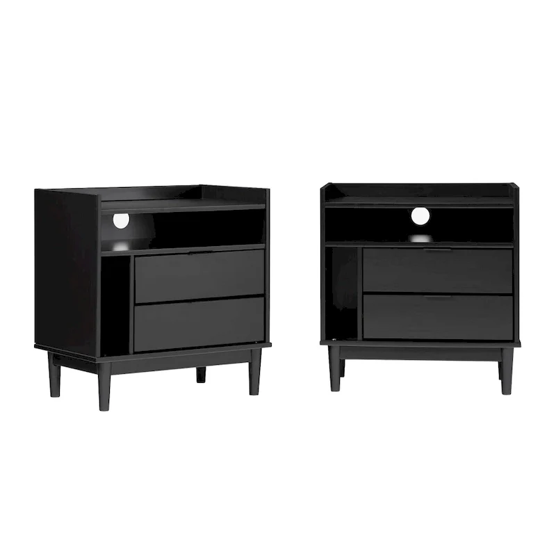 Caramel / White / Black Solid Pine Wood Nightstand Set of 2