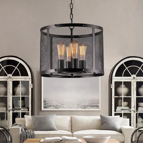 Tiyosa Black Round Mesh Shade Pendant with Edison Bulbs