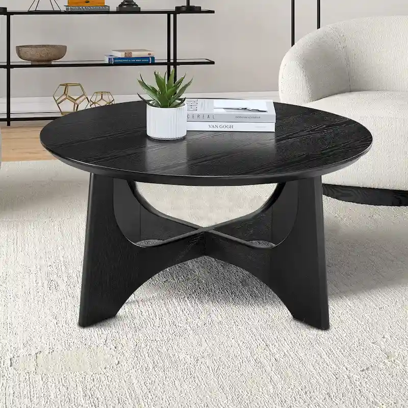 Contemporary Stylish Wooden Round Coffee Table With Eye-Catching Crossover Table Legs