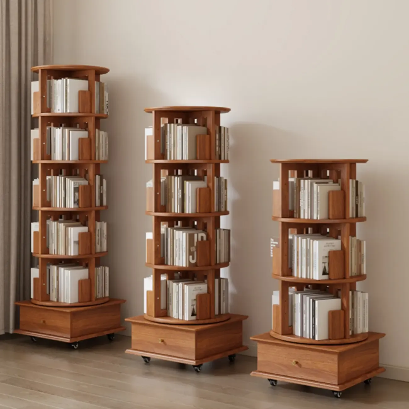 Cylindrical Movable 360° Rotating Wooden Bookshelf with Drawer