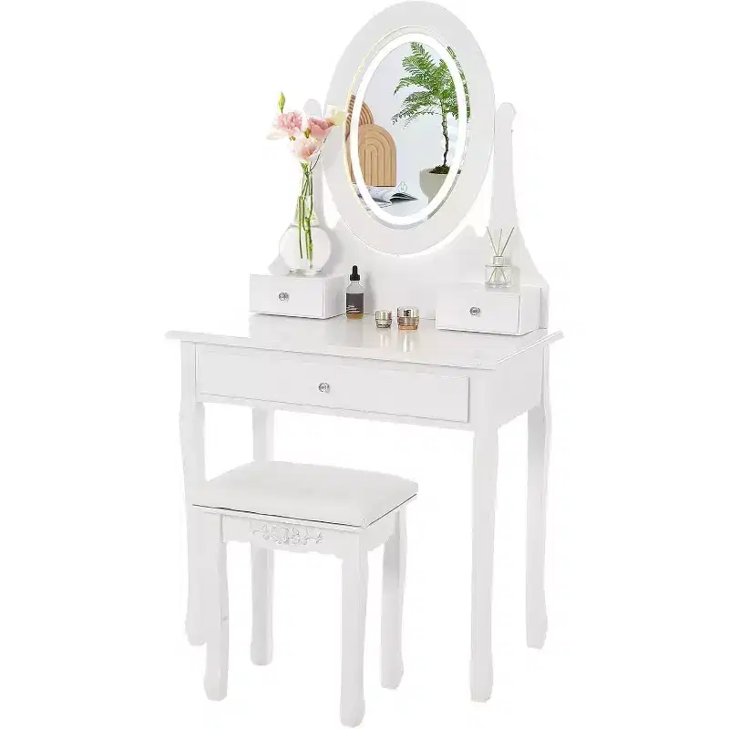 Vanity Desk with Mirror & LED Lights, Makeup Table with Cushioned Stool, 3 Color Lighting Modes, 3 Storage Drawers, Bedroom Dressing Table