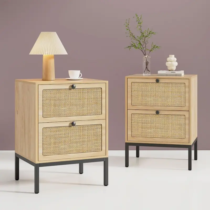 Black / Nature Rattan Nightstand with Drawer, Boho Style, 1-2 Person Use