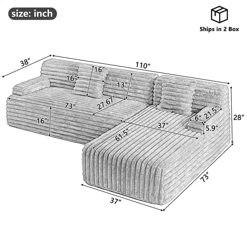 Cloud Sectional Sofa, Modern Upholstered Couch with 2 Throw Pillows, Free-Combined Sofa, Modular Sectional L Shaped Couch
