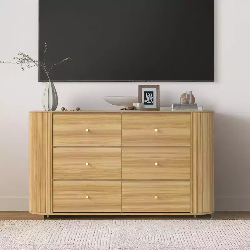 6 Drawer Dresser with Power Outlet  Large Vintage Farmhouse Chest  Curved Edge MDF, Durable Metal Handles  Bedroom or Living Room Storage Cabinet