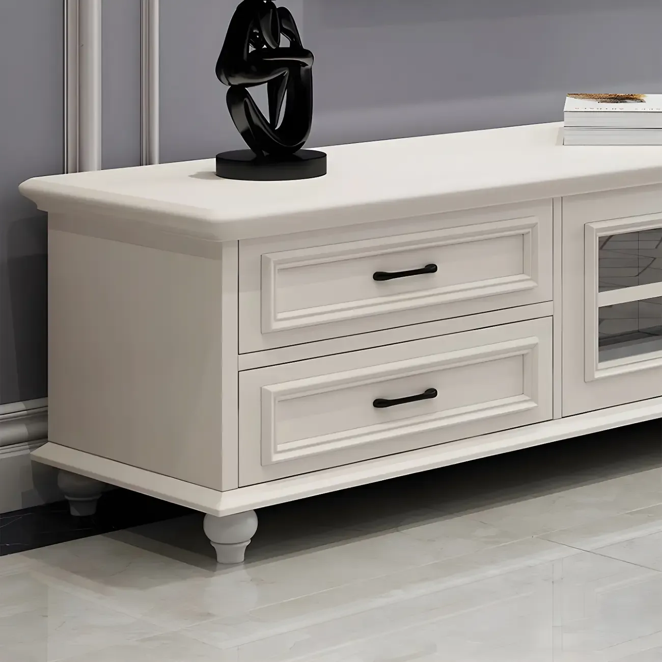 63 Adjustable White Wood TV Stand with Cable Management