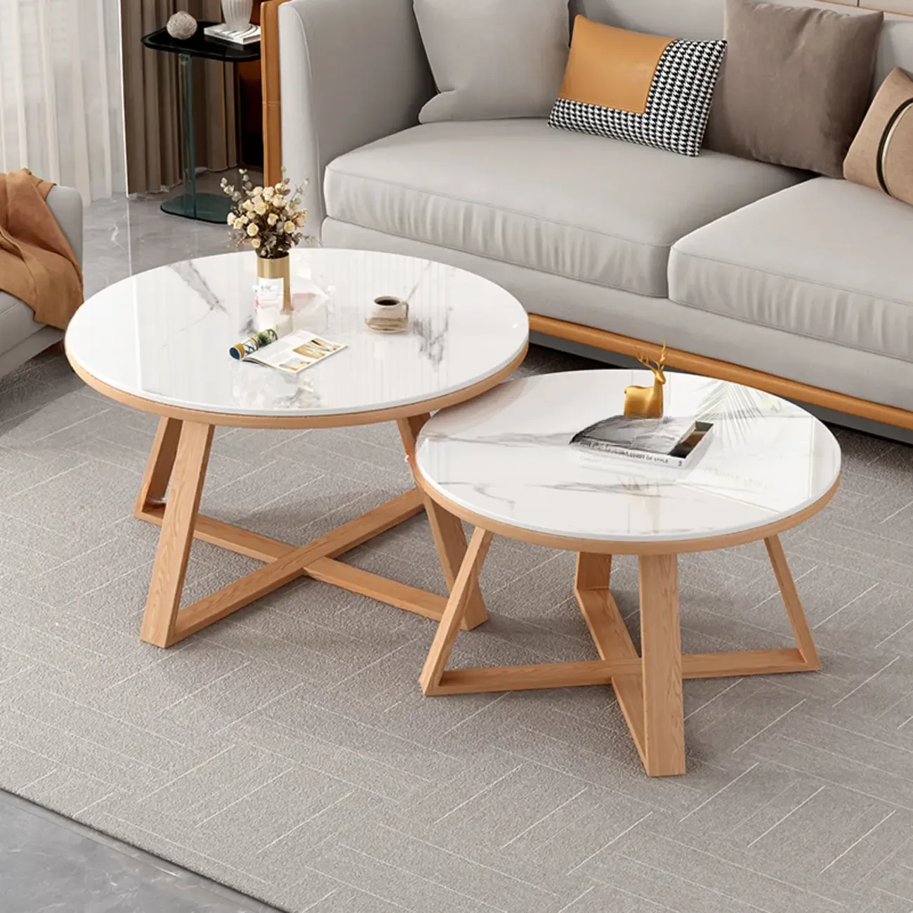 Modern Marble Round 2 Nesting Coffee Table Set with Wood Base