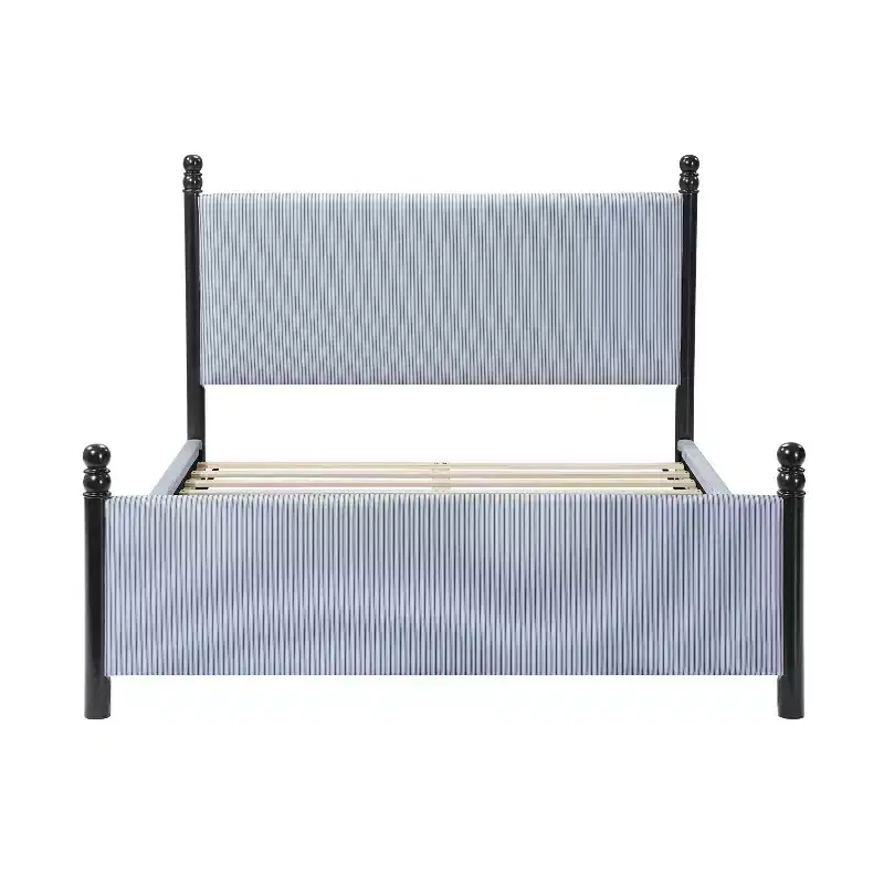 Queen/King Size Upholstered Platform Bed Frame with Padded Headboard, Sturdy Rubberwood Frame & Striped Design,Black + Blue White Stripes - ModernLuxe
