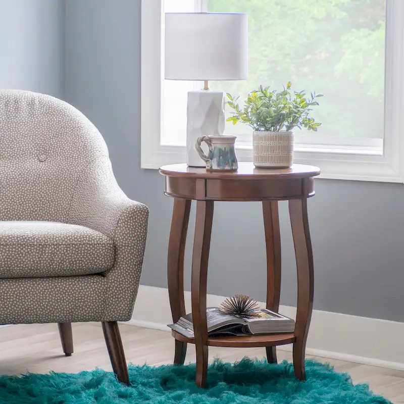 White Round Side Table with Lower Shelf & Cabriole Legs, 1-Person