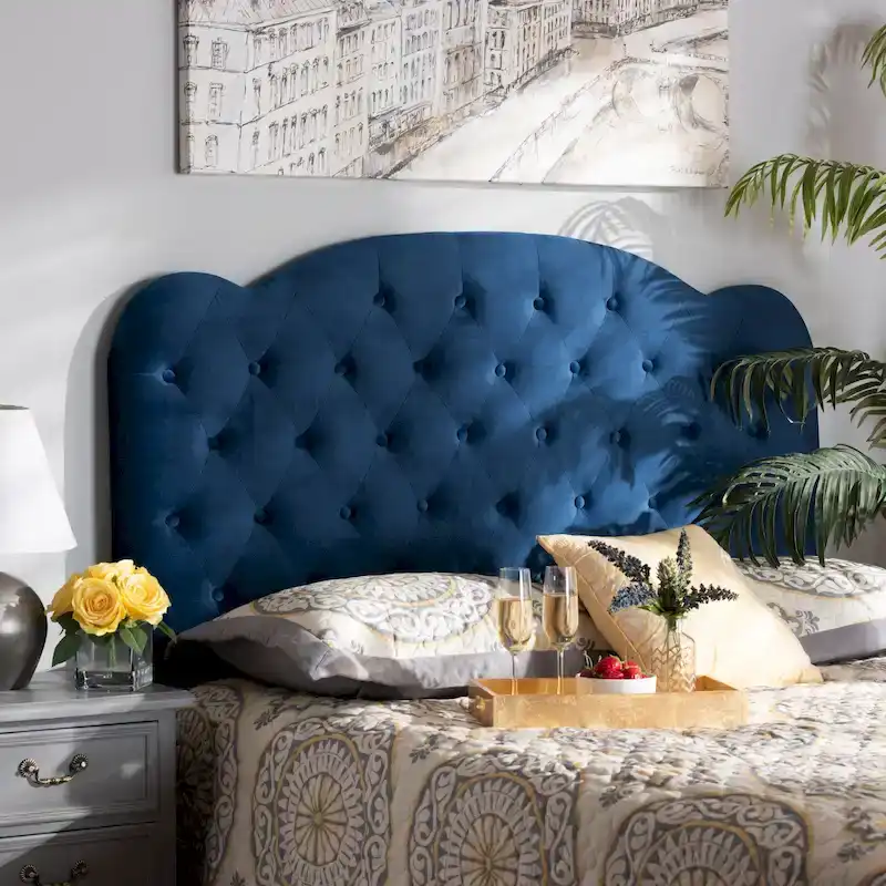 Modern and Contemporary Velvet Upholstered Headboard - Navy Blue