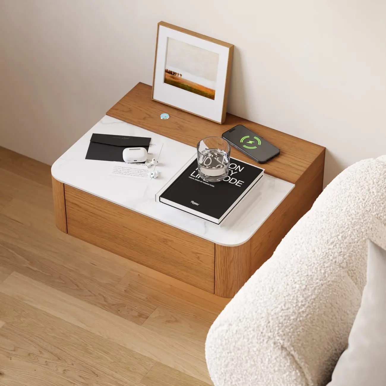 Wireless Cherry Wood Floating Nightstand with Drawers & Light